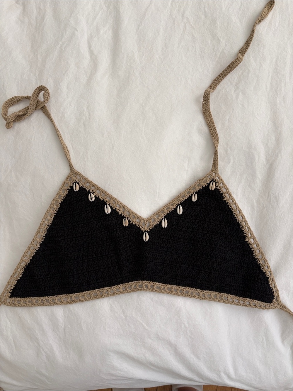 Crochet Shell Trim Bralette - Black and Tan